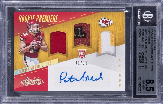 2017 Panini Absolute "Rookie Premiere" Material Autographs Spectrum #229 Patrick Mahomes II Signed Patch Relic Rookie Card (#01/99) - BGS NM-MT+ 8.5/BGS 10